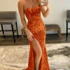 Orange Mermaid Strapless Sequins Long Prom Dress with Slit