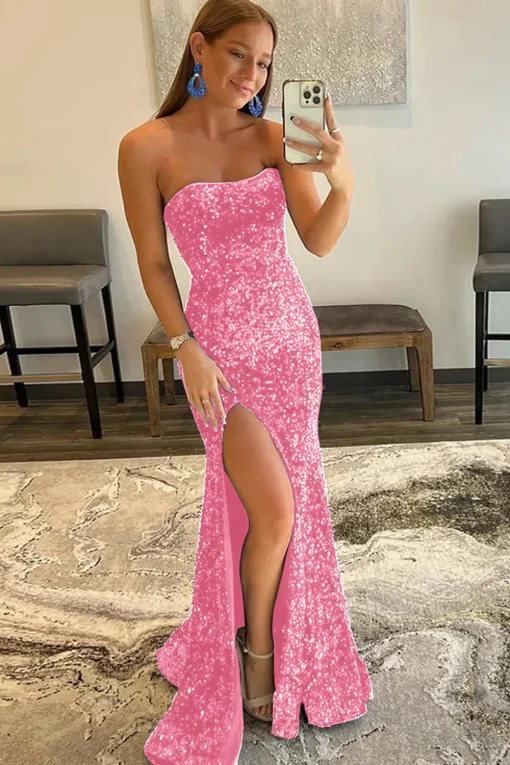 Orange Mermaid Strapless Sequins Long Prom Dress with Slit