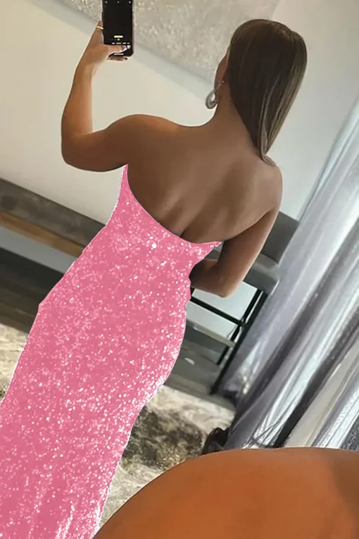 Orange Mermaid Strapless Sequins Long Prom Dress with Slit