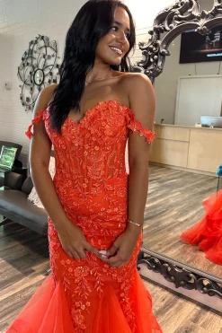 Orange Off the Shoulder Mermaid Long Corset Prom Dress with Appliques