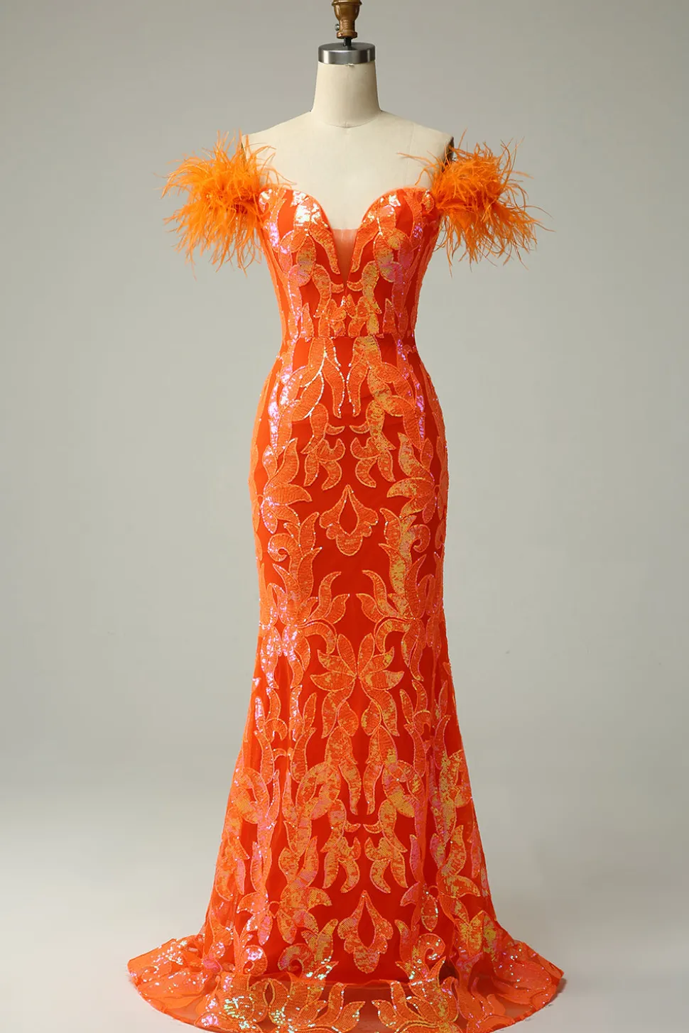 Orange Sequins Off the Shoulder Mermaid Prom Dress with Feathers
