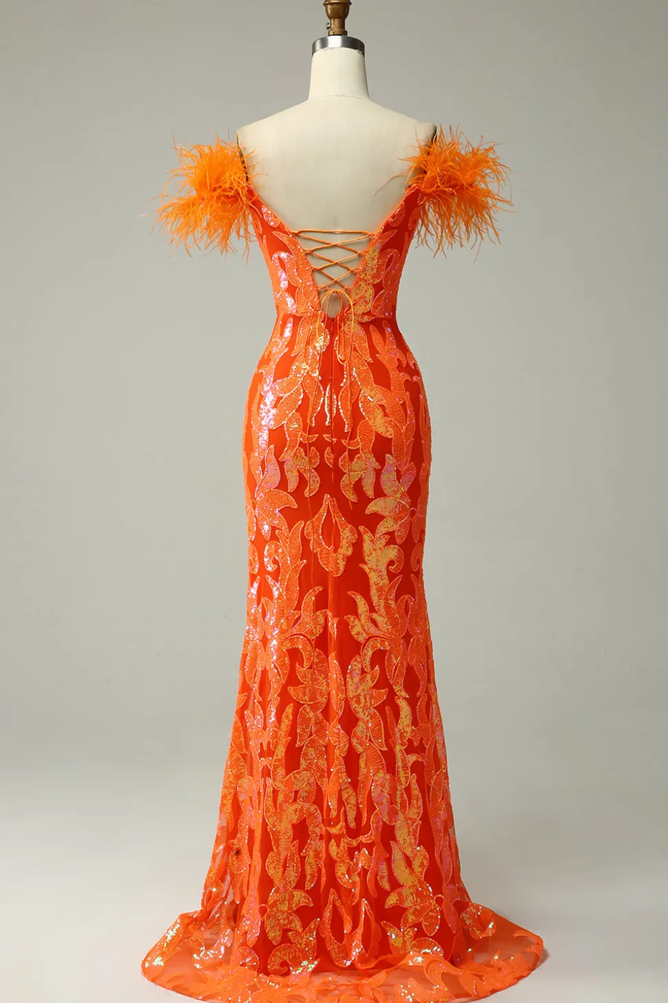 Orange Sequins Off the Shoulder Mermaid Prom Dress with Feathers