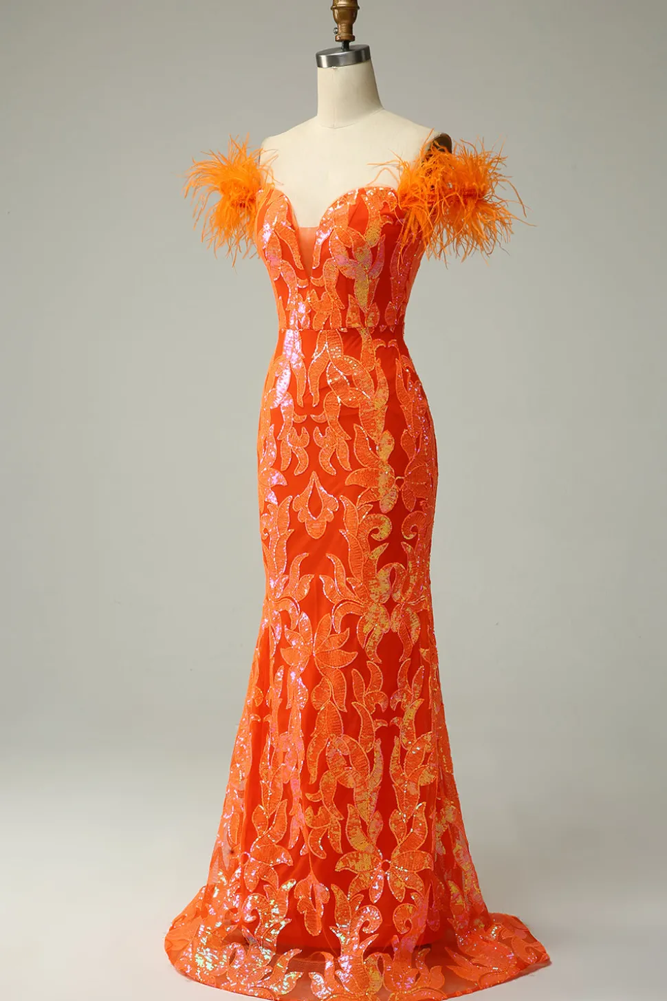 Orange Sequins Off the Shoulder Mermaid Prom Dress with Feathers