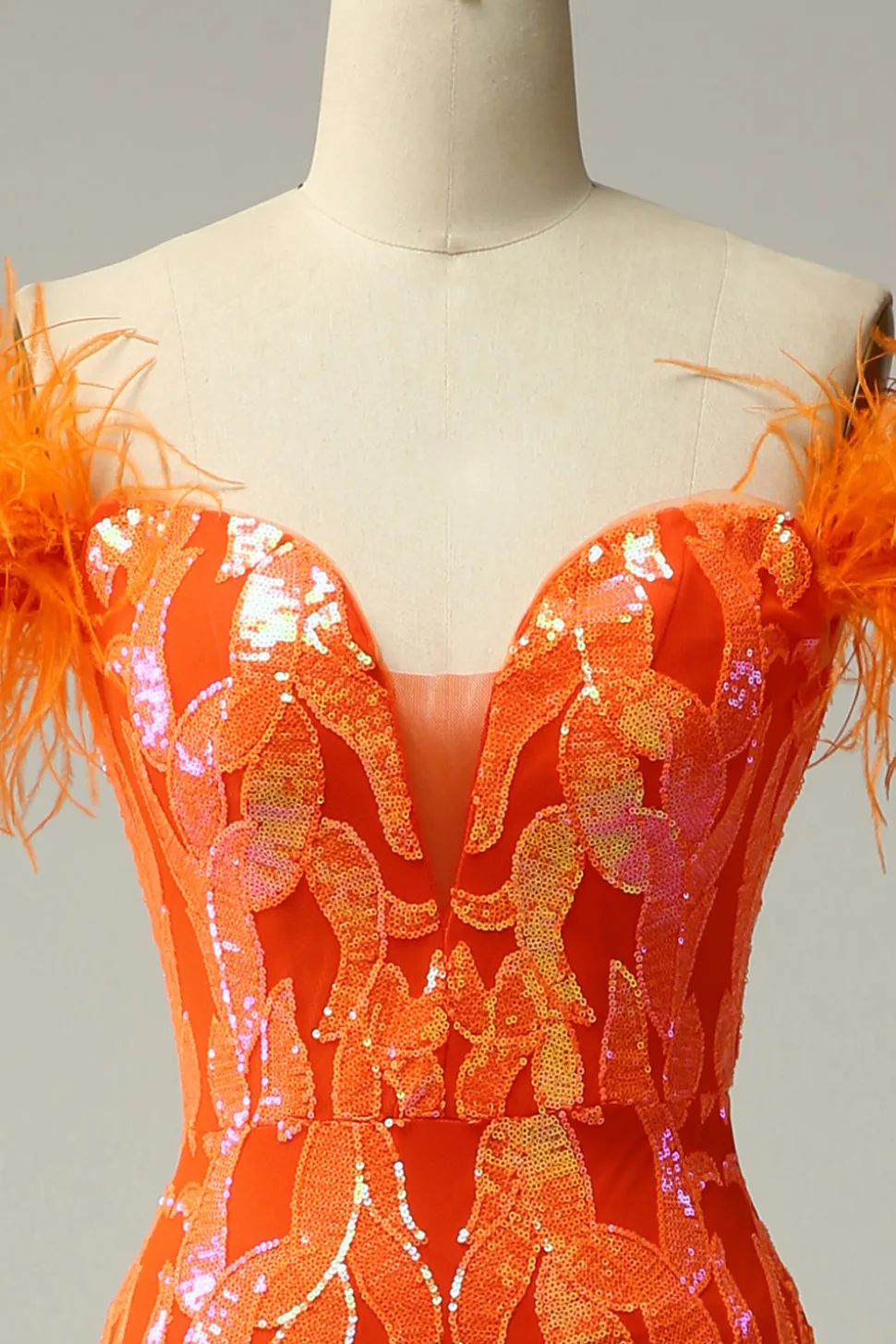 Orange Sequins Off the Shoulder Mermaid Prom Dress with Feathers