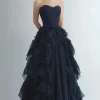 Organza Navy Tiered Strapless A Line Formal Dress