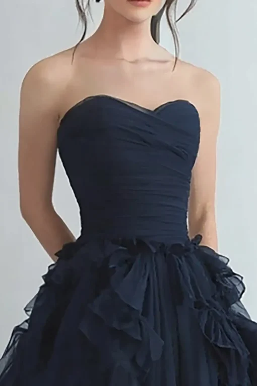 Organza Navy Tiered Strapless A Line Formal Dress
