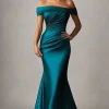 Peacock Blue Mermaid Off The Shoulder Ruched Satin Formal Dress