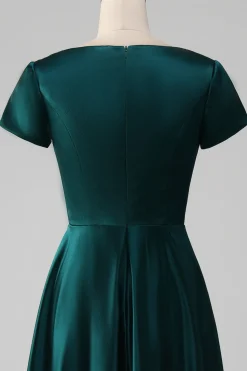 Peacock Satin V-neck A-line Pleated Mother of the Bride Dress