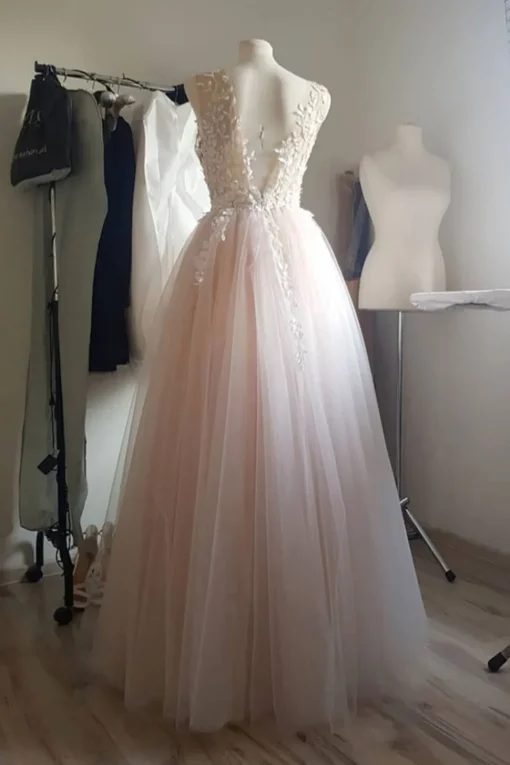 Pearl Pink Illusion Neck Long Prom Dress