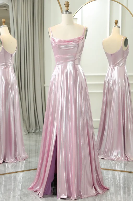 Pink A Line Spaghetti Straps Long Prom Dress with Slit