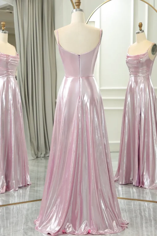 Pink A Line Spaghetti Straps Long Prom Dress with Slit