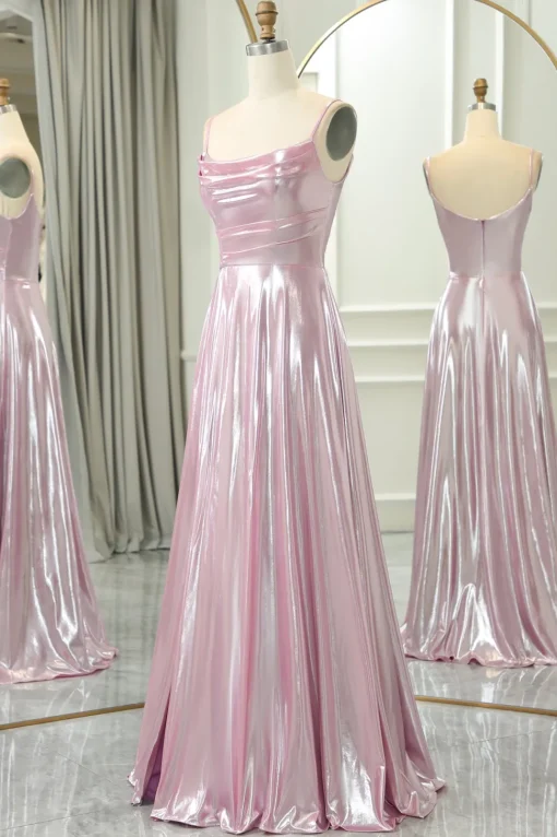 Pink A Line Spaghetti Straps Long Prom Dress with Slit