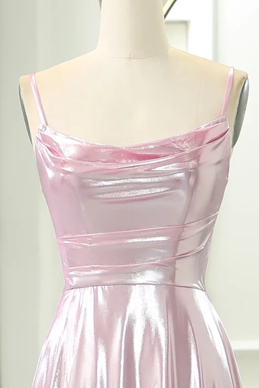 Pink A Line Spaghetti Straps Long Prom Dress with Slit