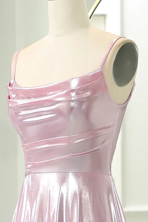 Pink A Line Spaghetti Straps Long Prom Dress with Slit