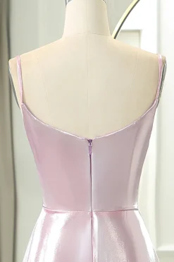 Pink A Line Spaghetti Straps Long Prom Dress with Slit