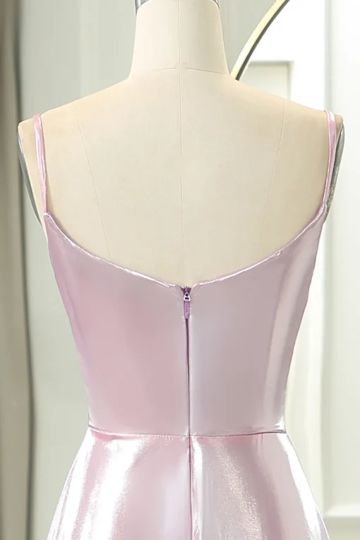 Pink A Line Spaghetti Straps Long Prom Dress with Slit