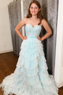 Pink A-line Spaghetti Straps Tulle Tiered Corset Prom Dress with Slit