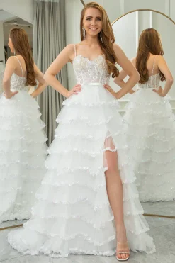 Pink A-line Spaghetti Straps Tulle Tiered Corset Prom Dress with Slit