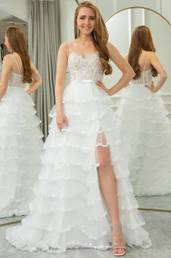 Pink A-line Spaghetti Straps Tulle Tiered Corset Prom Dress with Slit