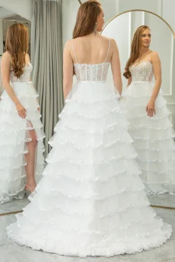 Pink A-line Spaghetti Straps Tulle Tiered Corset Prom Dress with Slit