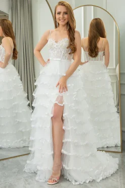 Pink A-line Spaghetti Straps Tulle Tiered Corset Prom Dress with Slit