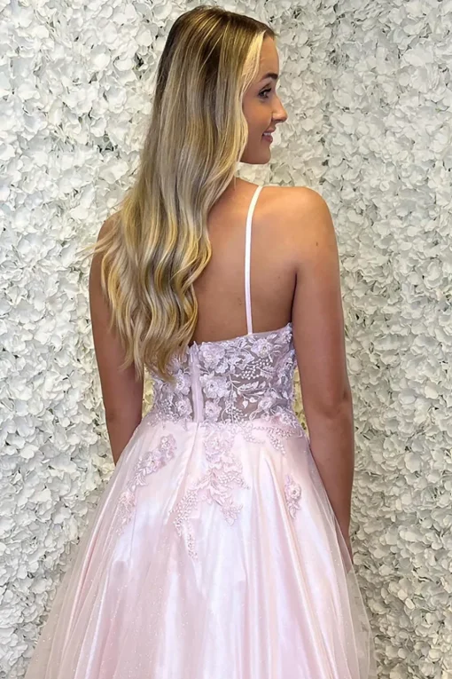 Pink Appliques A Line Spaghetti Straps Long Prom Dress
