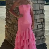 Pink Corset Strapless Mermaid Prom Dress with Slit