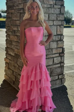 Pink Corset Strapless Mermaid Prom Dress with Slit