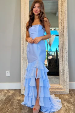 Pink Corset Strapless Mermaid Prom Dress with Slit