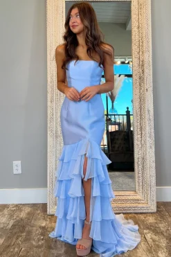 Pink Corset Strapless Mermaid Prom Dress with Slit