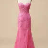 Pink Corset Sweetheart Long Lace Mermaid Prom Dress with Slit