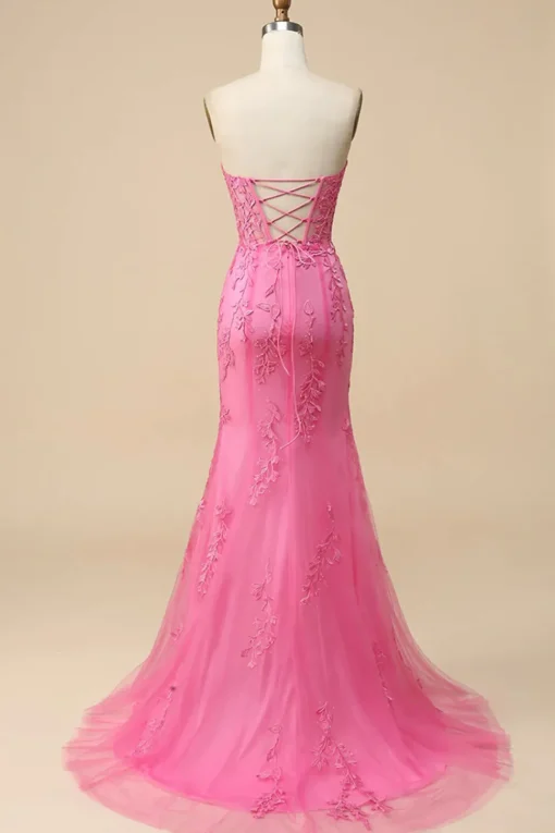 Pink Corset Sweetheart Long Lace Mermaid Prom Dress with Slit