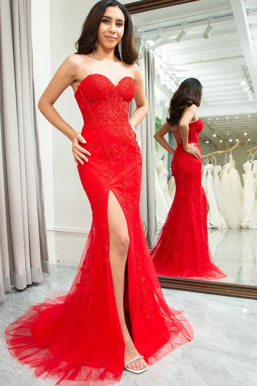 Pink Corset Sweetheart Long Lace Mermaid Prom Dress with Slit