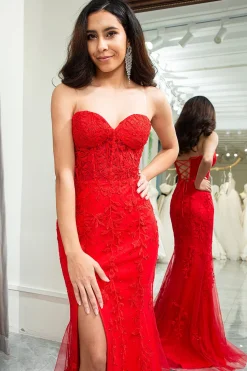 Pink Corset Sweetheart Long Lace Mermaid Prom Dress with Slit