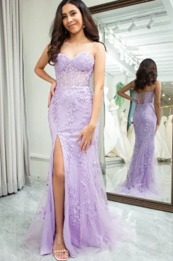 Pink Corset Sweetheart Long Lace Mermaid Prom Dress with Slit