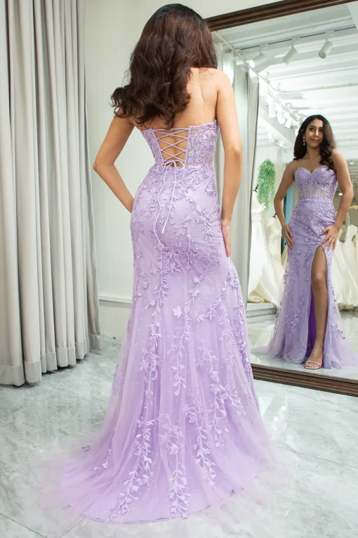 Pink Corset Sweetheart Long Lace Mermaid Prom Dress with Slit