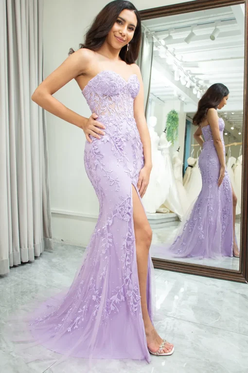 Pink Corset Sweetheart Long Lace Mermaid Prom Dress with Slit