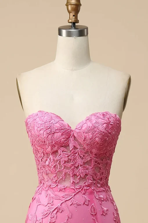 Pink Corset Sweetheart Long Lace Mermaid Prom Dress with Slit