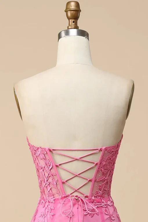 Pink Corset Sweetheart Long Lace Mermaid Prom Dress with Slit