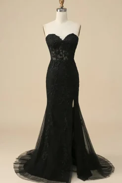 Pink Corset Sweetheart Long Lace Mermaid Prom Dress with Slit