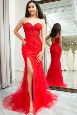 Pink Corset Sweetheart Long Lace Mermaid Prom Dress with Slit