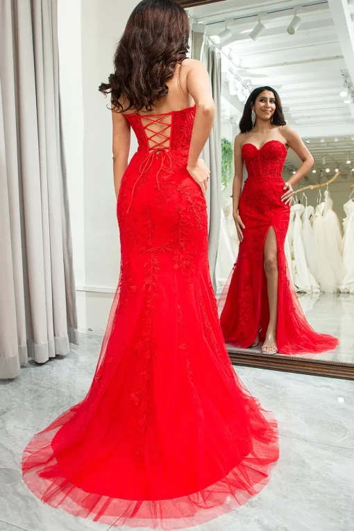 Pink Corset Sweetheart Long Lace Mermaid Prom Dress with Slit