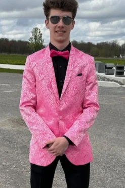 Pink Floral Print Shawl Lapel 2 Pieces One Button Men Suits