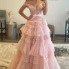 Pink Layered Off the Shoulder Princess Prom Dress with Beading