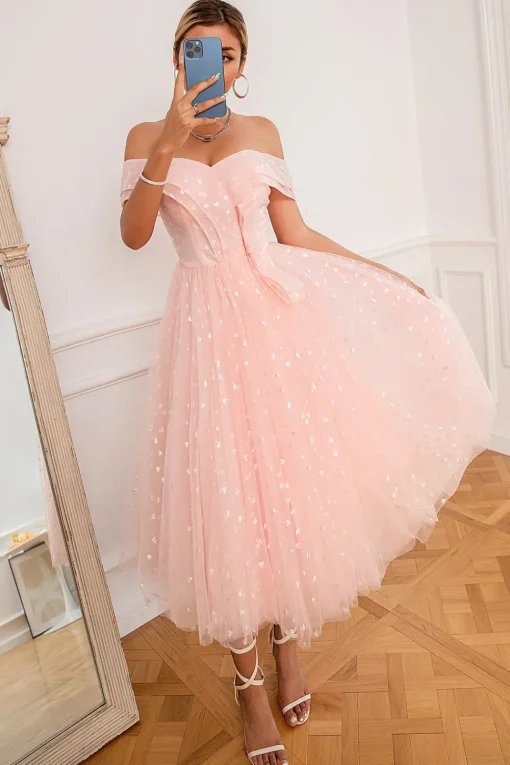 Pink Off Shoulder Hearts Prom Dress