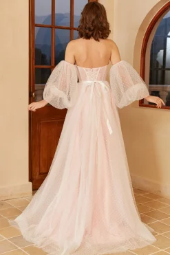 Pink Polka Dots Wedding Dress with Puff Sleeves