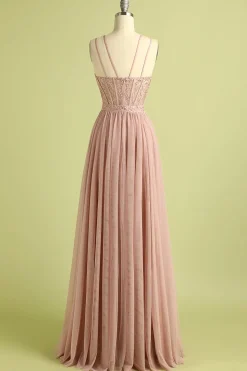 Pink Spaghetti Straps Prom Dress with Slit