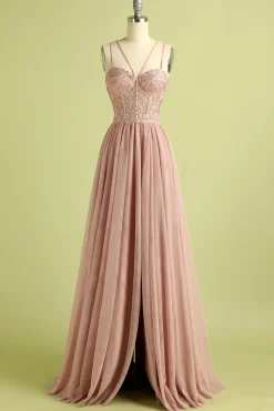 Pink Spaghetti Straps Prom Dress with Slit