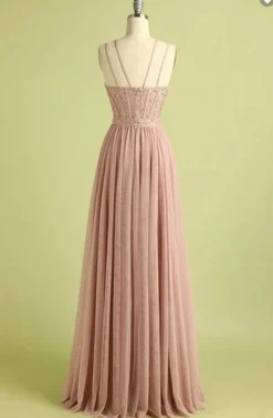 Pink Spaghetti Straps Prom Dress with Slit