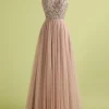 Pink Tulle A Line Princess Prom Dress with Beading